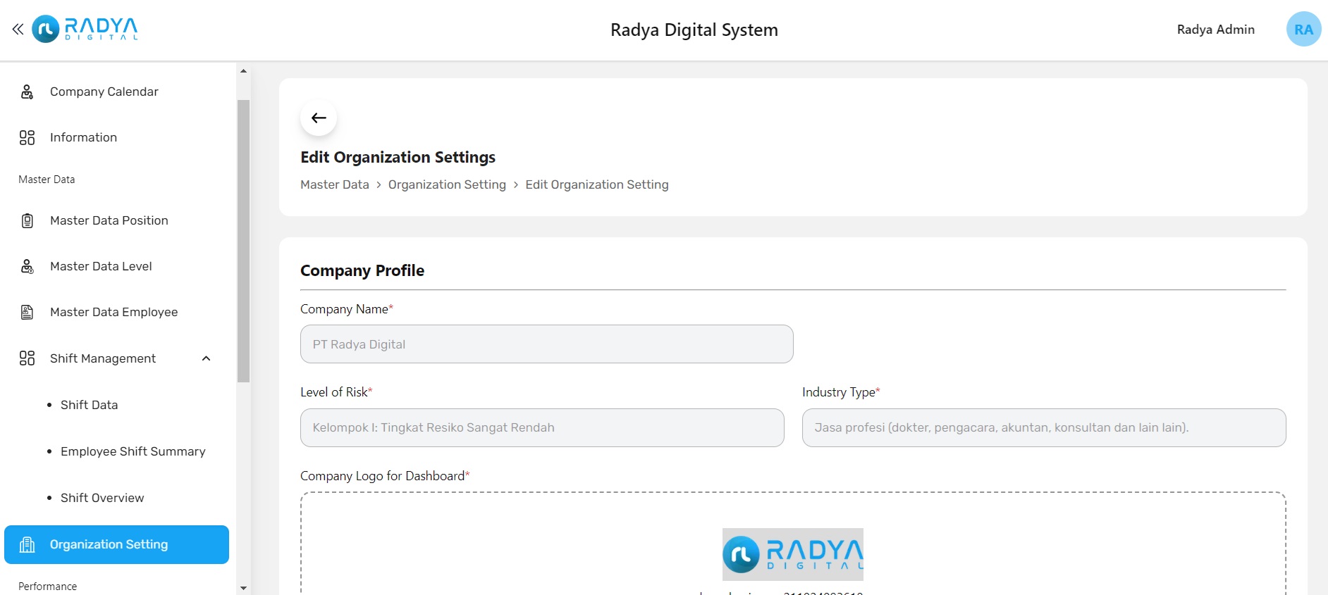 Edit organization setting
